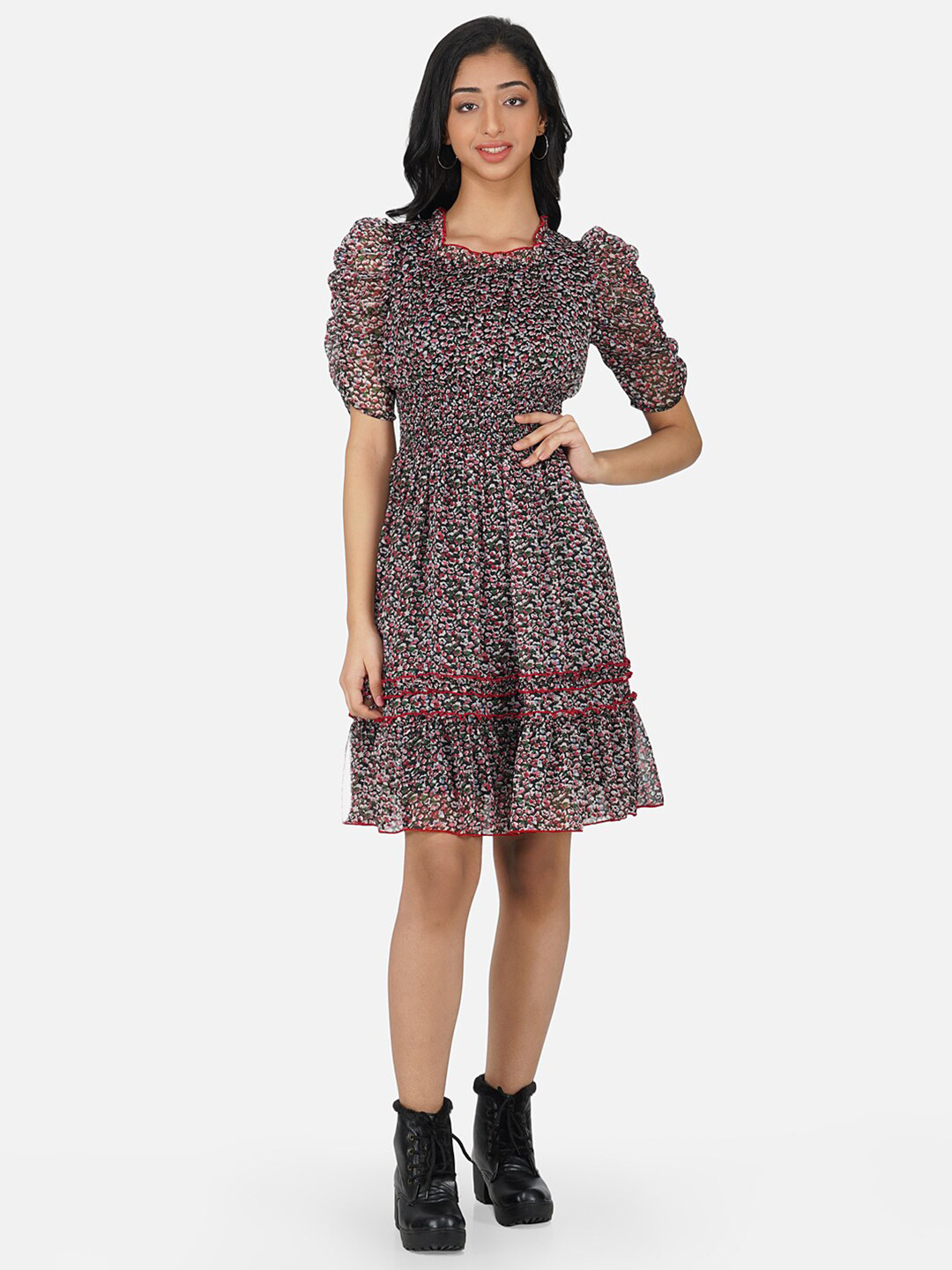 

Antheaa Girls Black Floral Chiffon Smocked Tiered Fit & Flare Dress