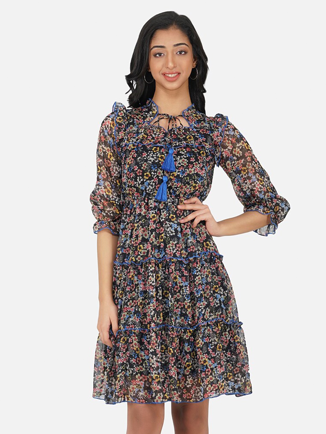 

Antheaa Girls Black Floral Chiffon Tiered Fit & Flare Dress
