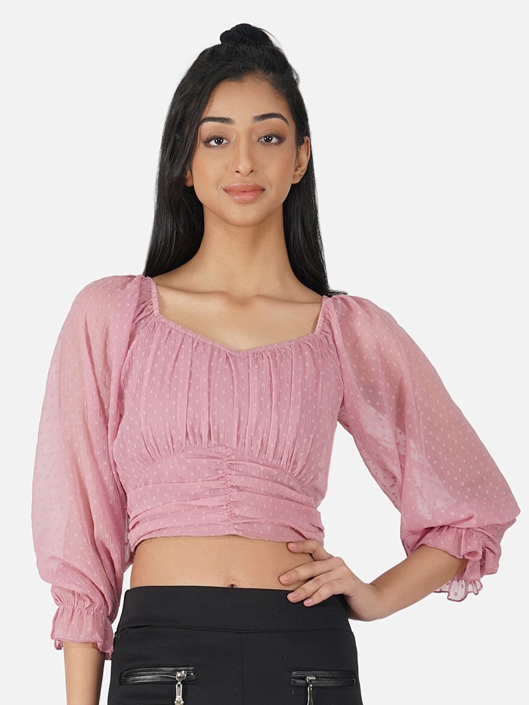 

Antheaa Girls Pink Self-Design Chiffon Ruched Crop Top