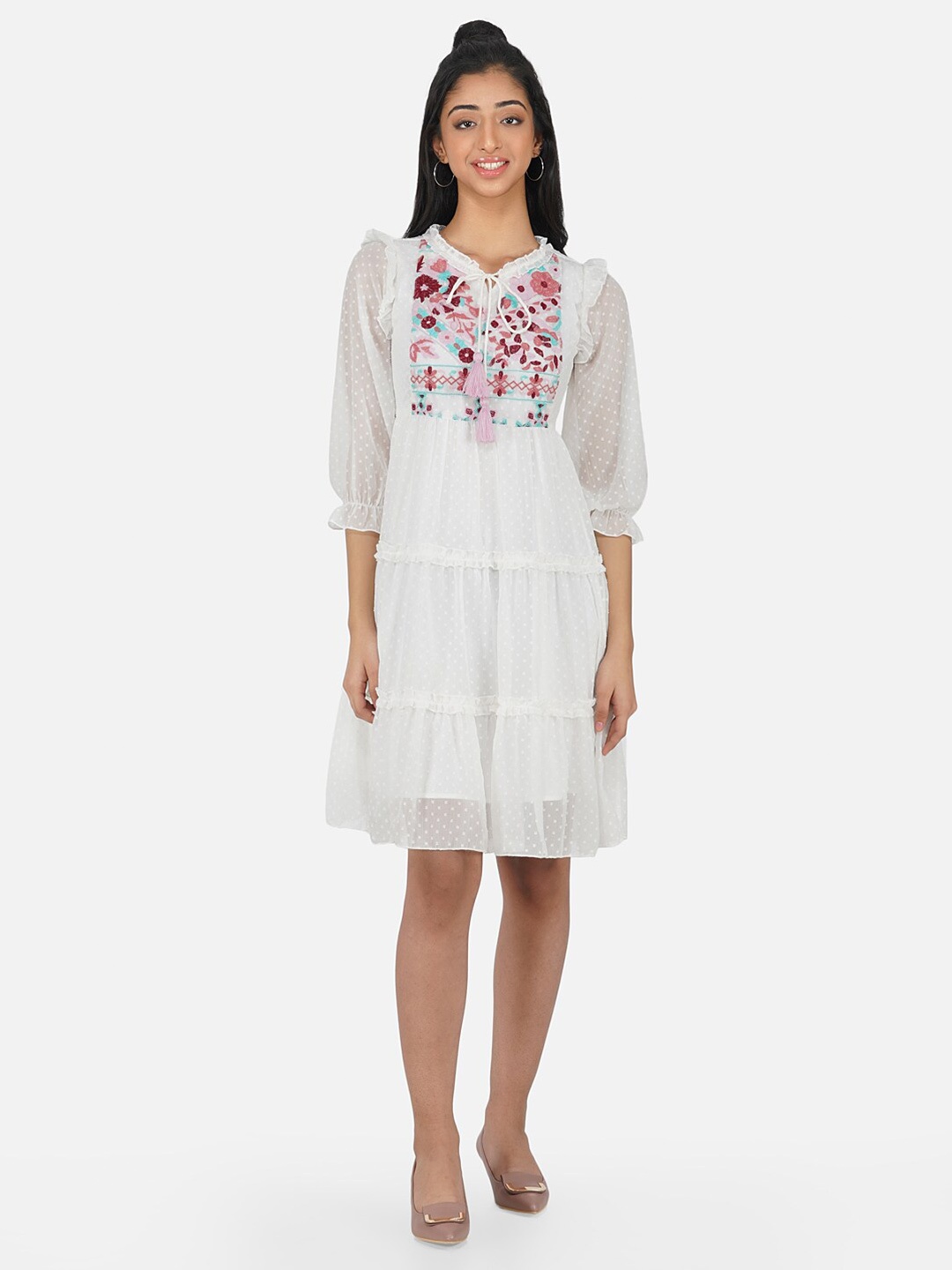 

Antheaa Girls White Tie-Up Neck Embroidered Tiered Chiffon A-Line Dress