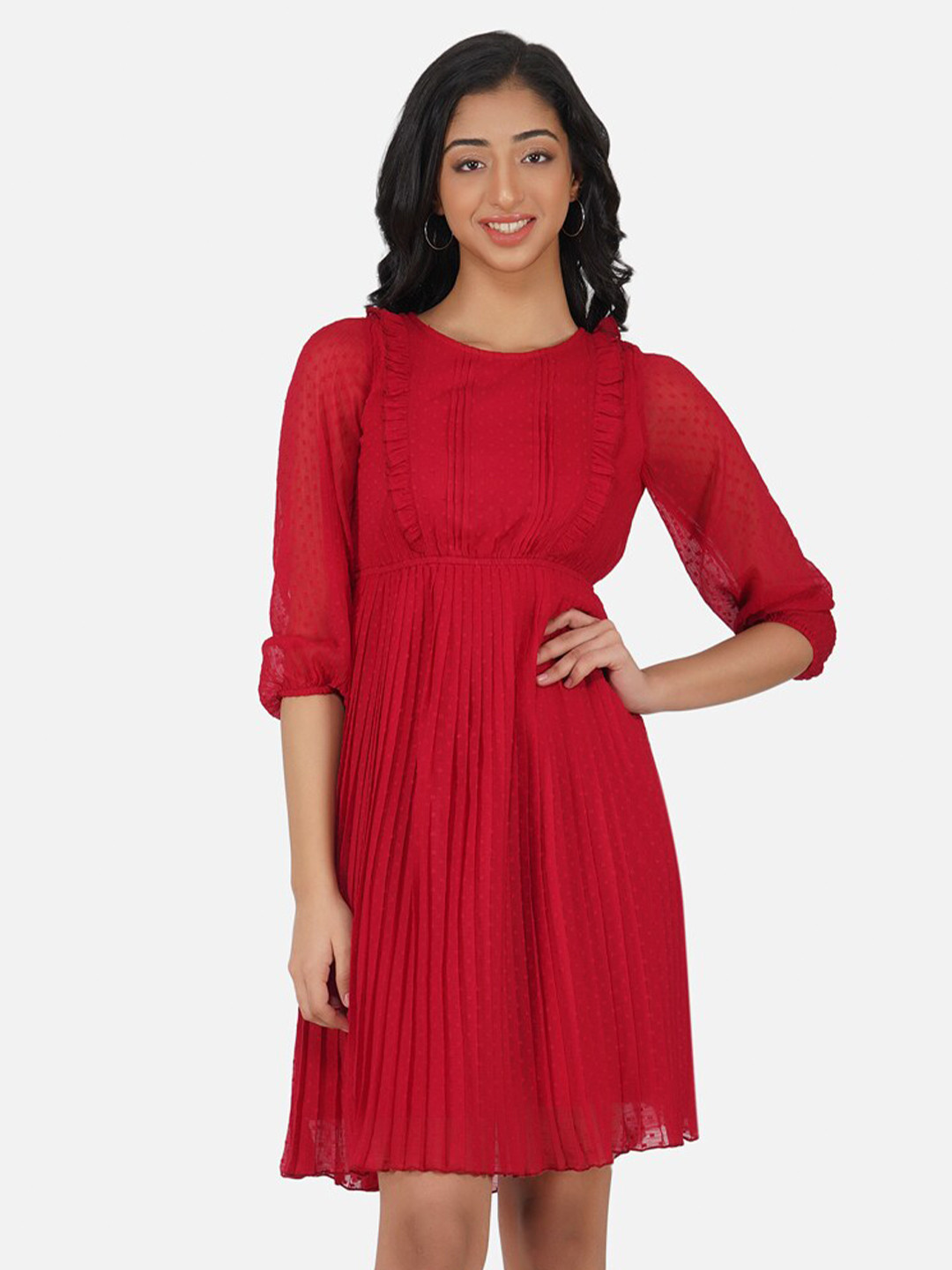 

Antheaa Girls Red Self-Design Chiffon Pleated Frill Fit & Flare Dress