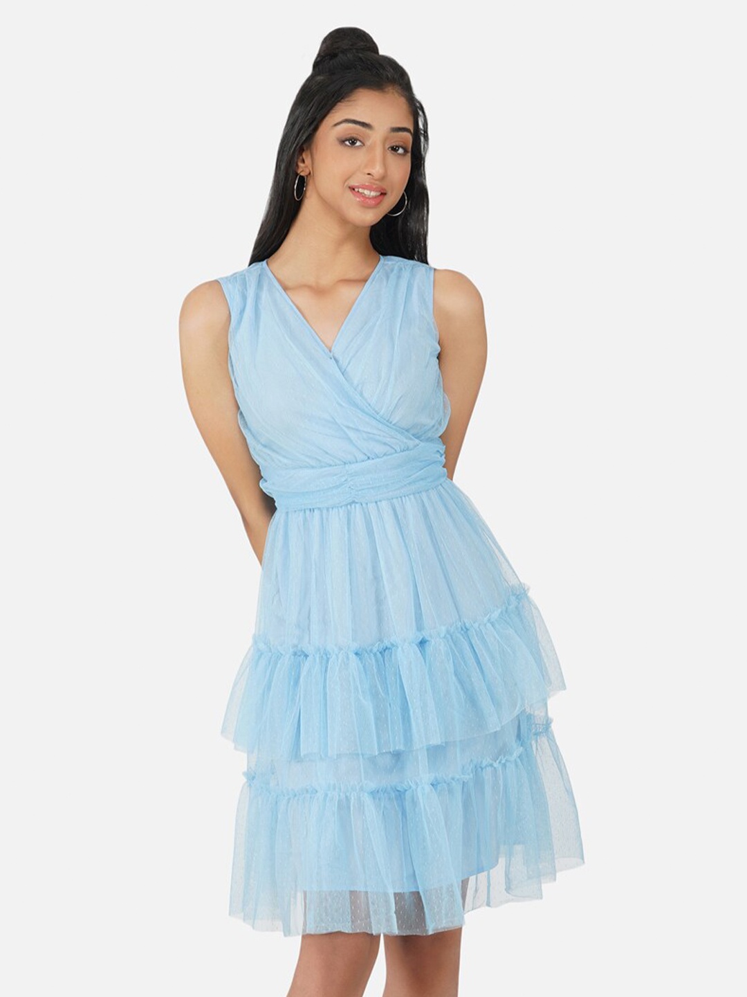 

Antheaa Girls Blue Self-Design Net Frilled Tiered Wrap Dress