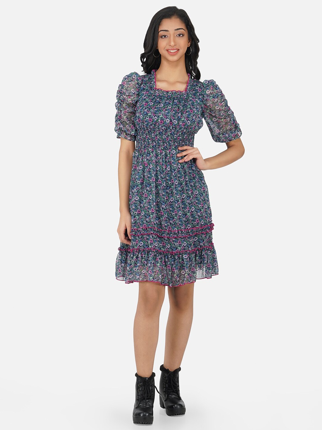 

Antheaa Girls Navy Blue Floral Chiffon Smocked Frilled Fit & Flare Dress