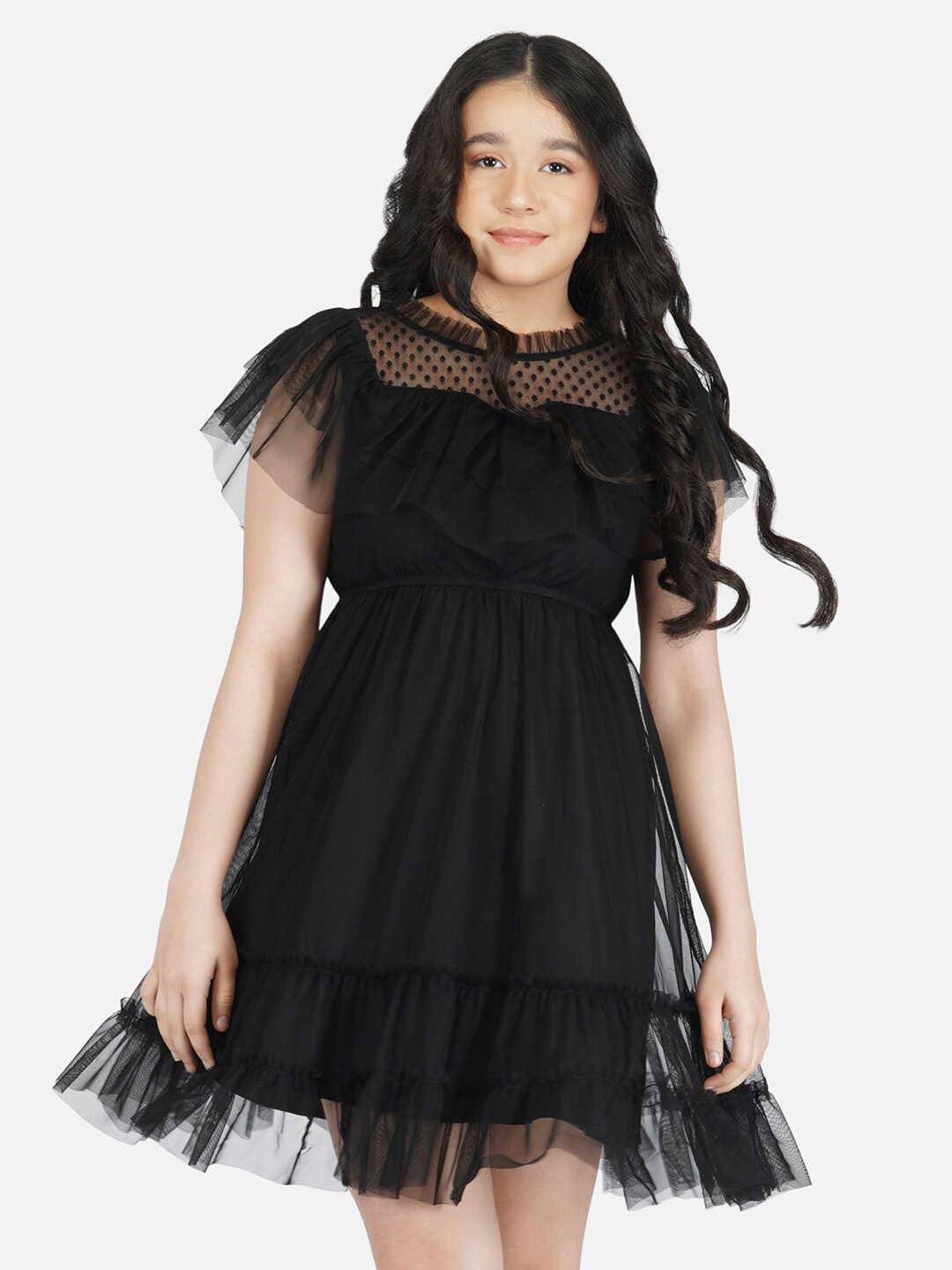 

Antheaa Girls Black Net Self-Design Frilled Fit & Flare Dress