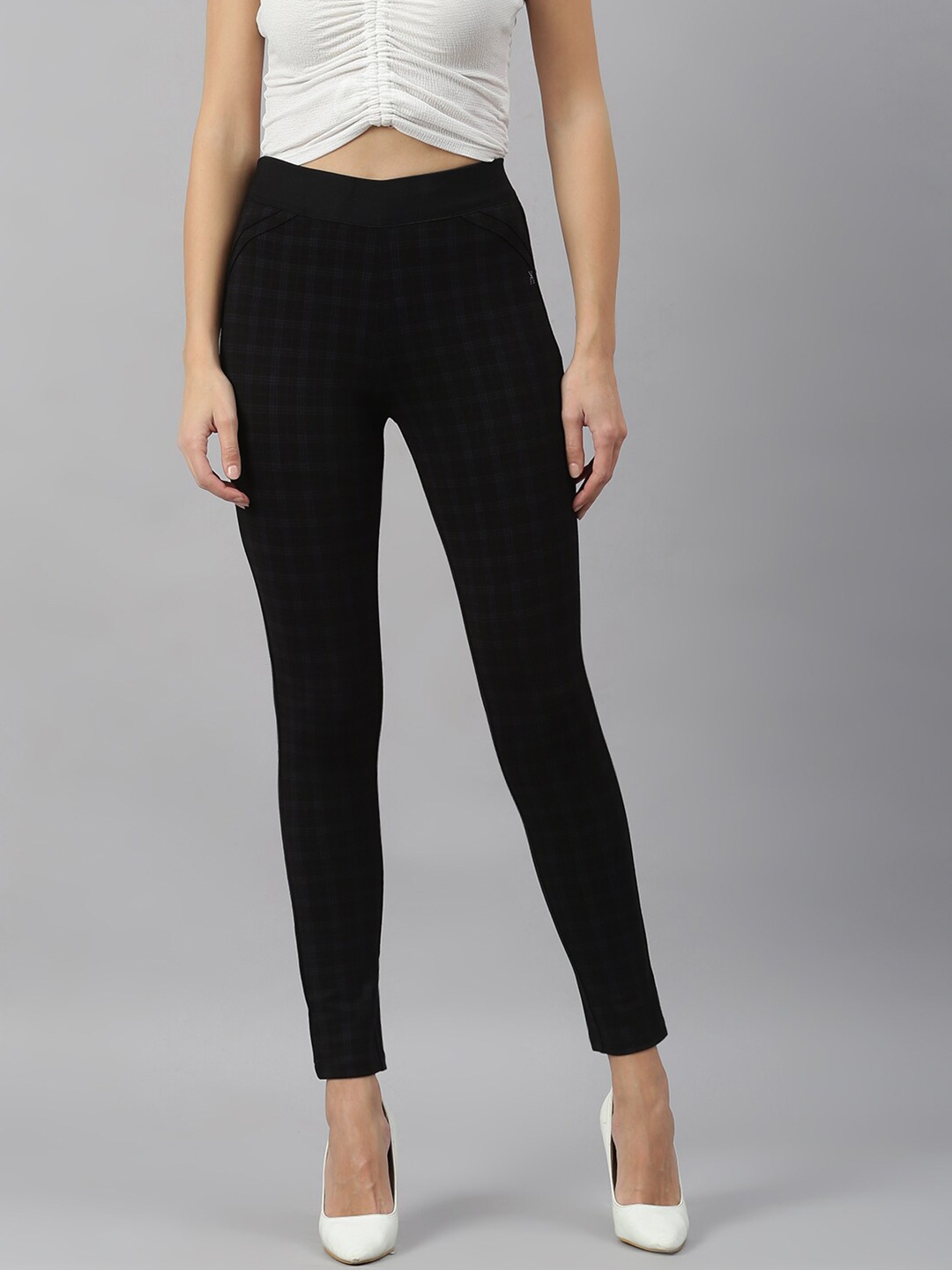 

Xpose Women Blue Checked Slim-Fit Treggings