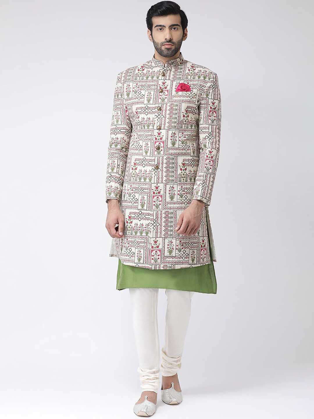 

KISAH Men White & Green Printed Cotton Kurta Indowestern Sherwani Set