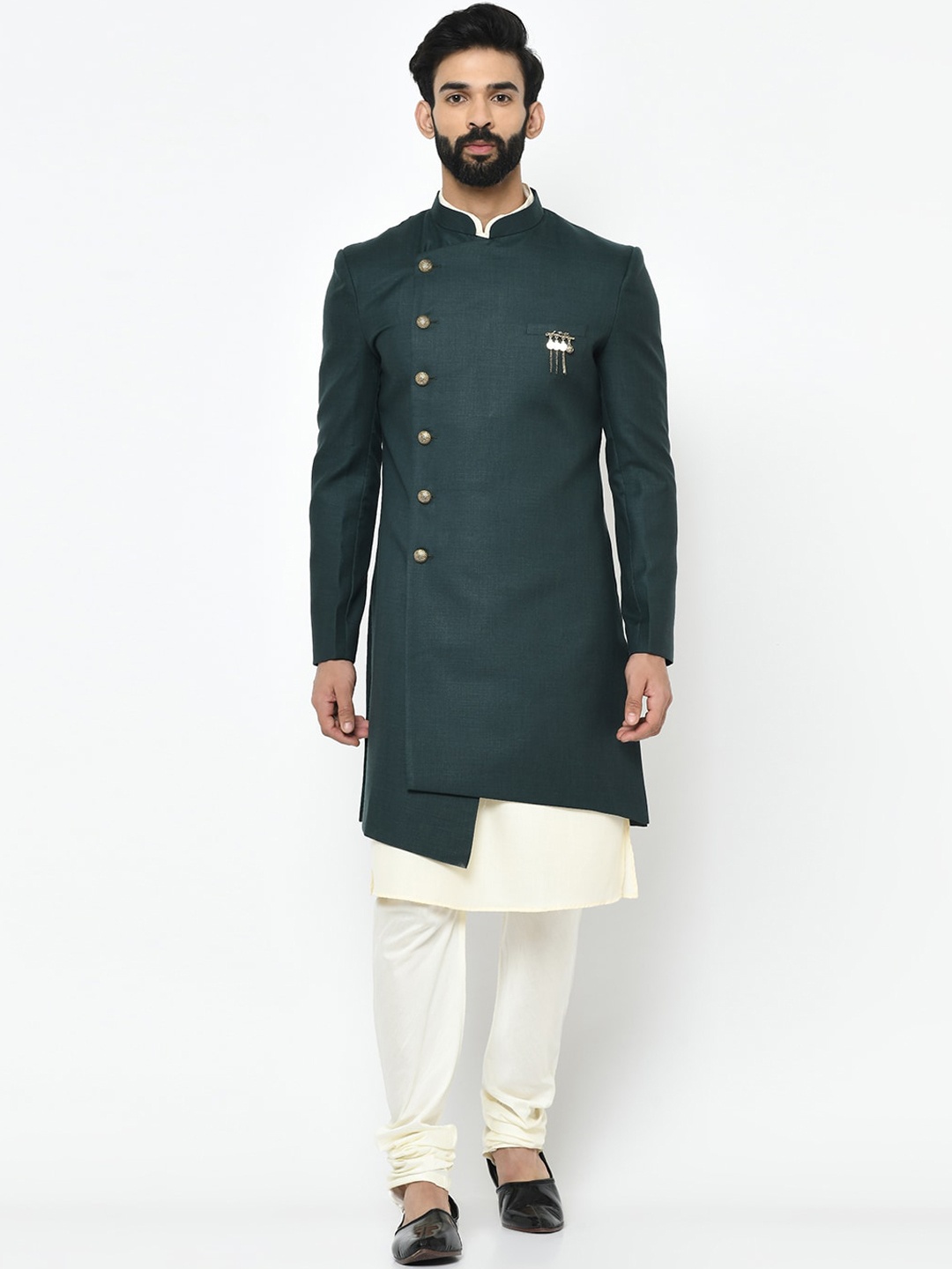 

KISAH Men Solid Cotton Indowestern Sherwani Set, Green