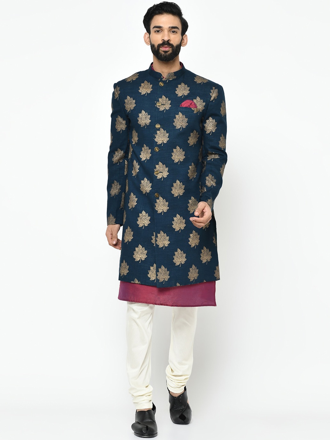 

KISAH Men Floral Printed Kurta Churidar Indowestern Sherwani Set, Teal