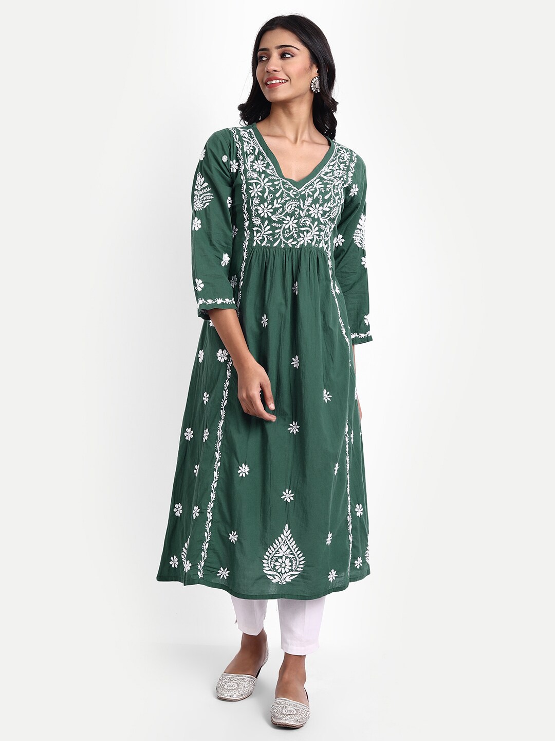 

HOUSE OF KARI Green Hand Embroidery Chickenkari Cotton Midi A-Line Dress