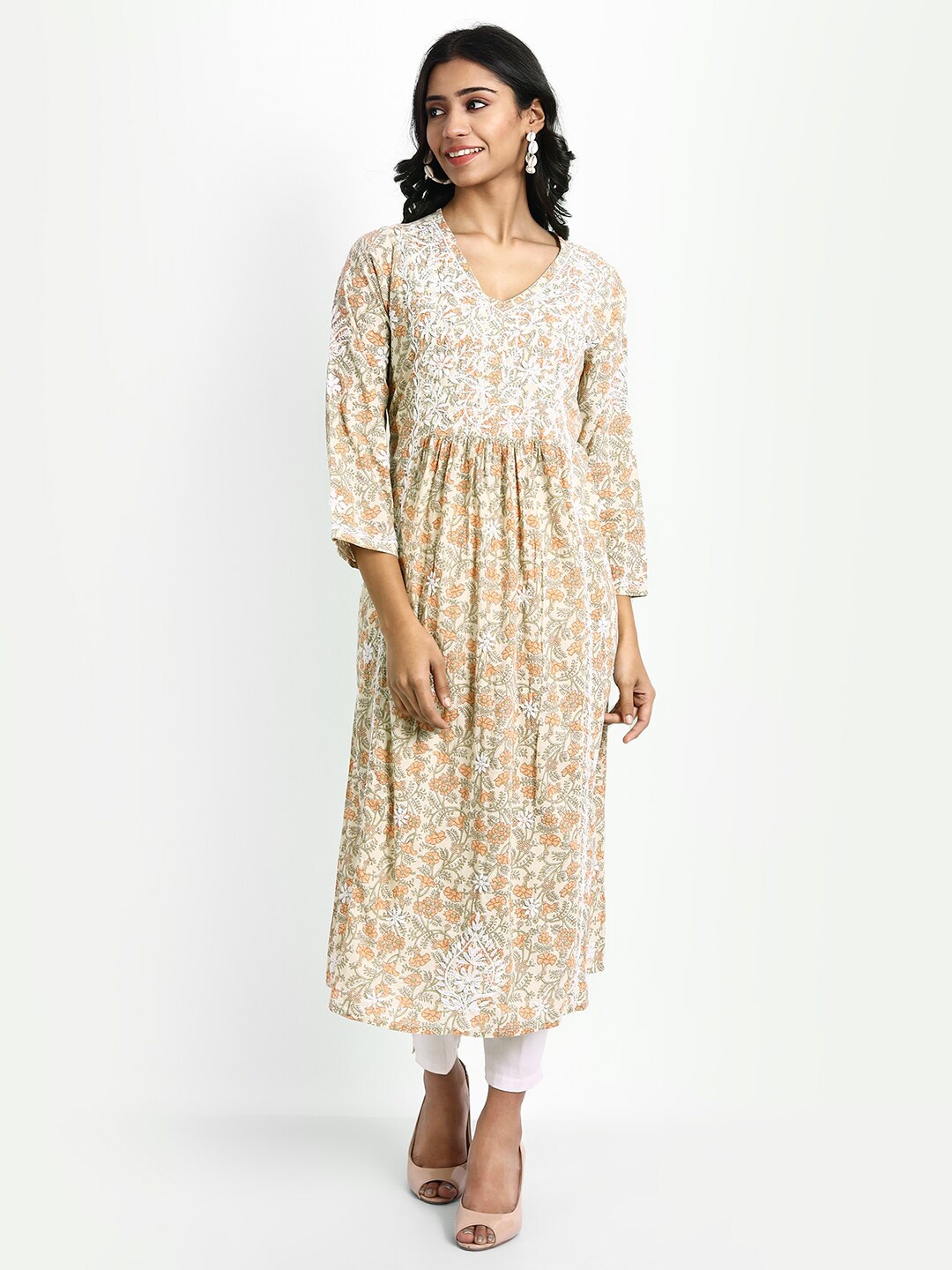 

HOUSE OF KARI Multicoloured Hand Embroidery Chickenkari Cotton Midi A-Line Dress, Multi