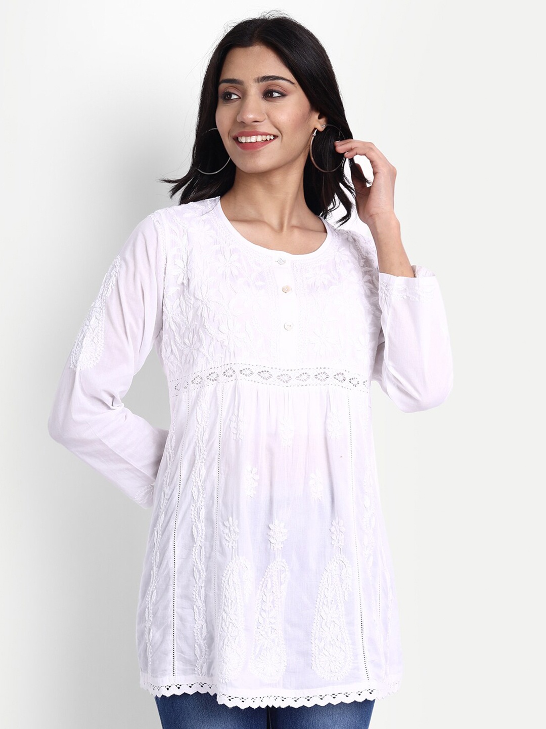 

HOUSE OF KARI Women White Hand Embroidery Chickenkari Tunics