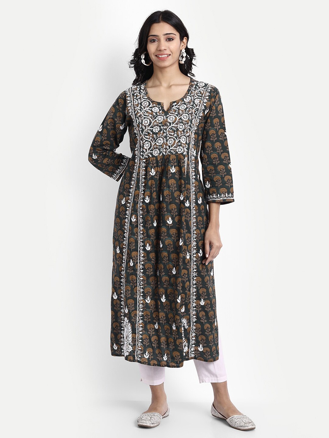

HOUSE OF KARI Multicoloured Hand Embroidery Chickenkari Cotton Midi A-Line Dress, Multi
