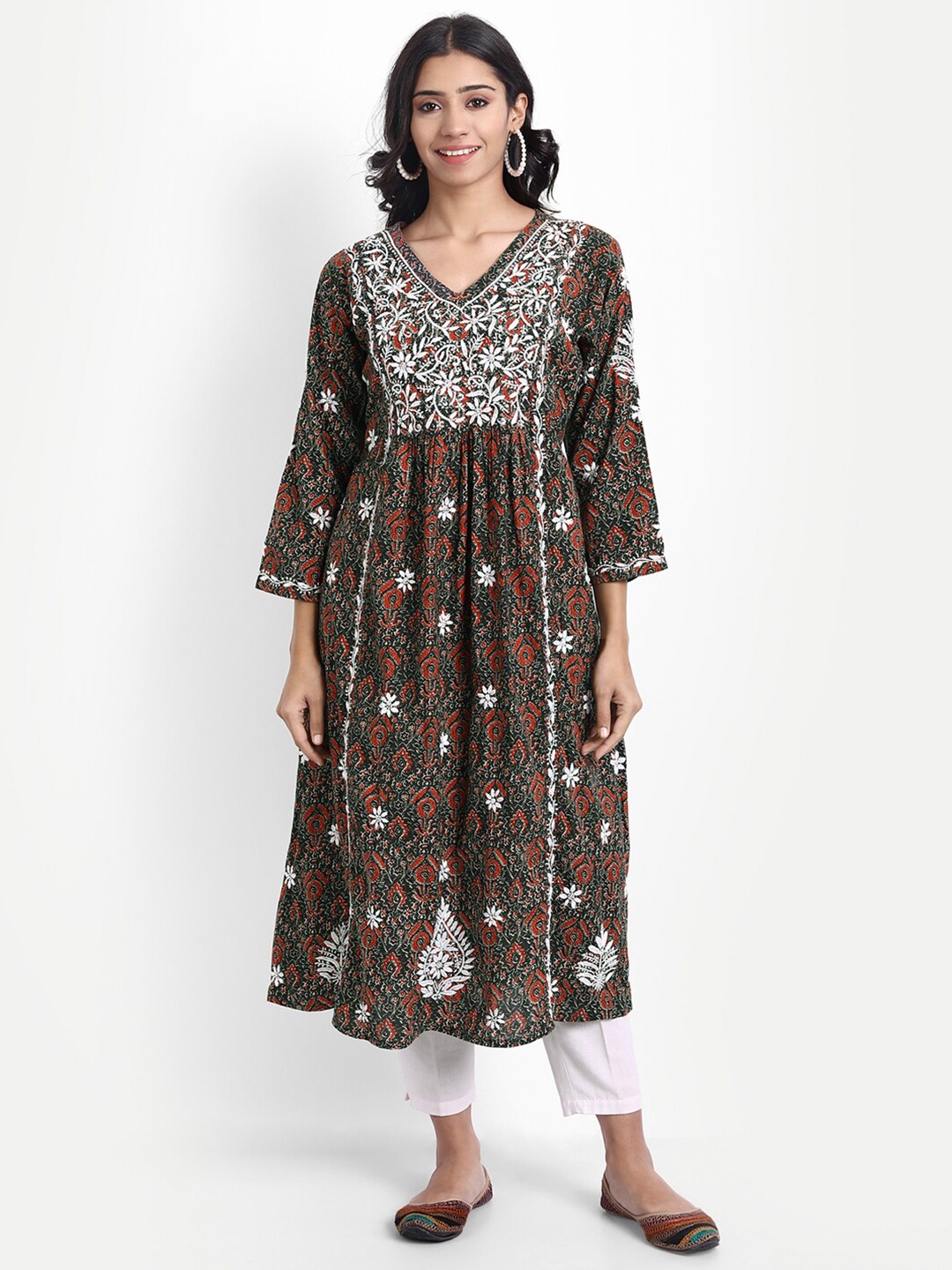 

HOUSE OF KARI Multicoloured Hand Embroidery Chickenkari Cotton Midi Dress, Multi