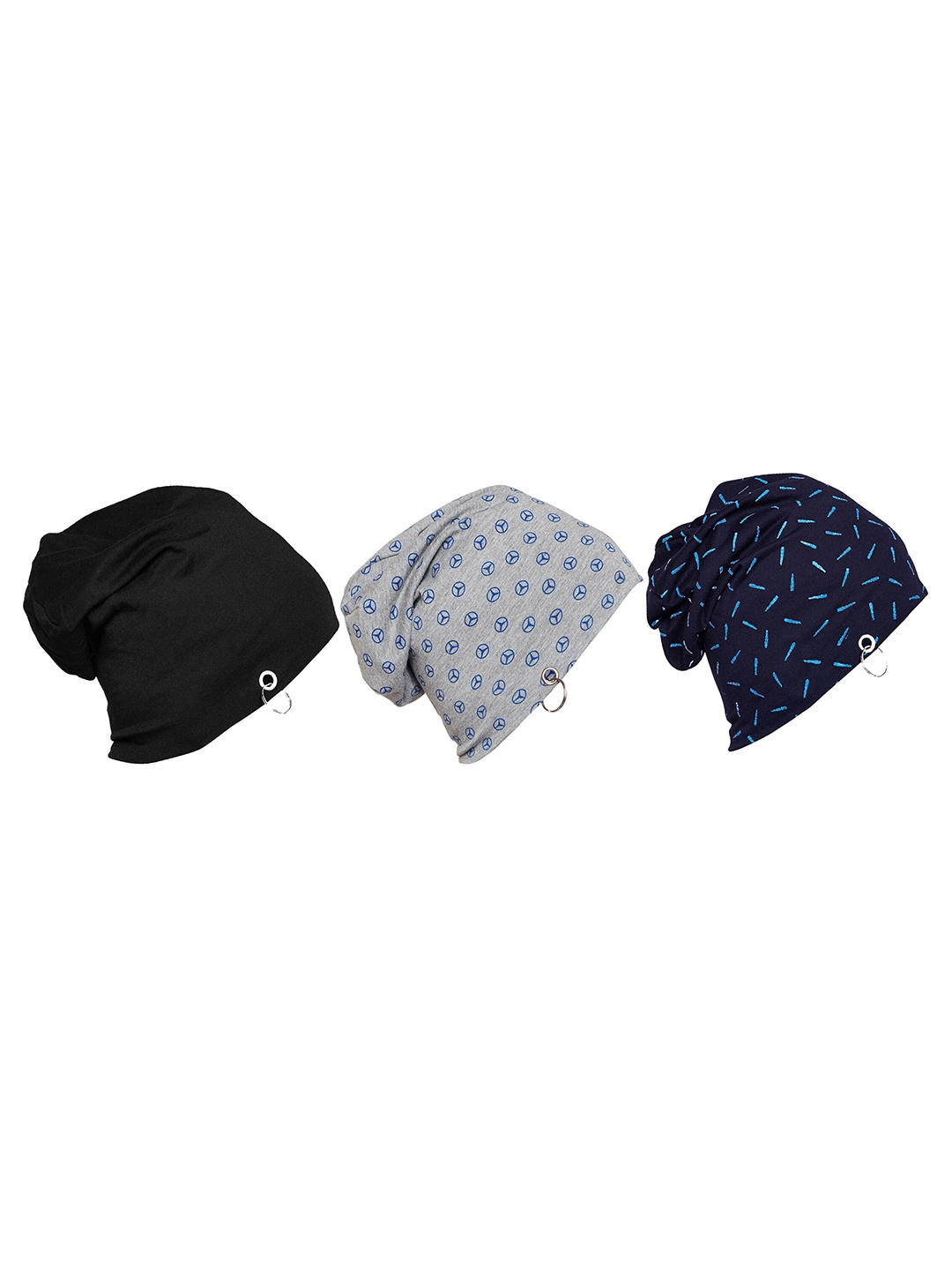 

VIMAL JONNEY Unisex Pack of 3 Navy Blue, Black & Grey Printed Beanie