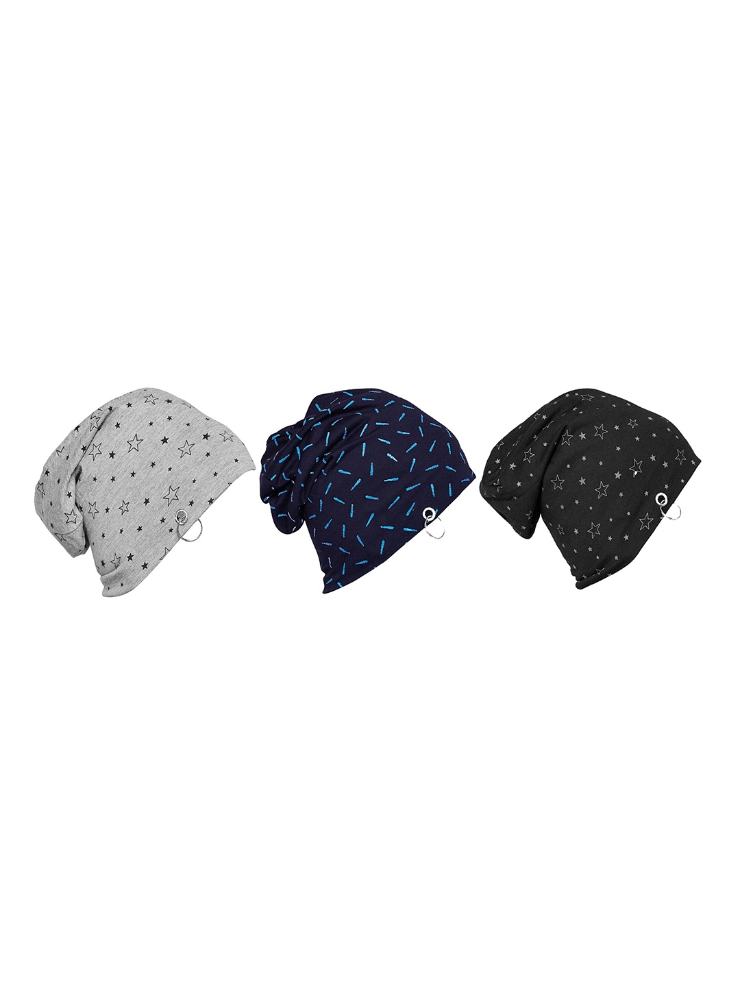 

MACK JONNEY Unisex Pack of 3 Black & Blue Printed Beanie Caps