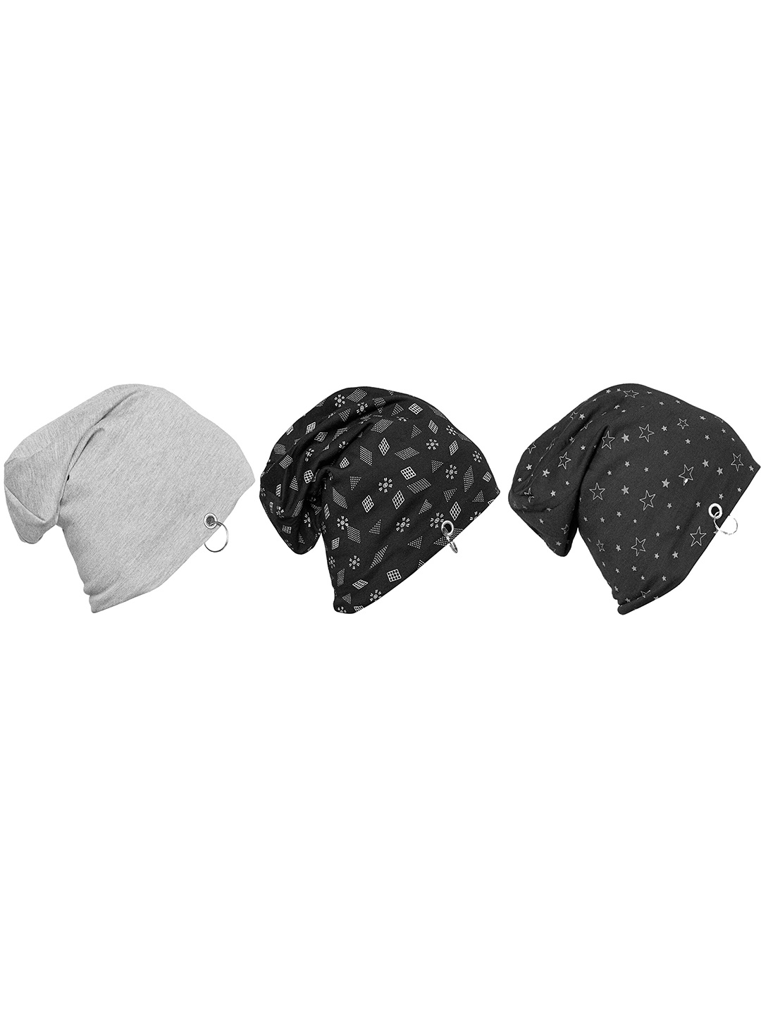 

MACK JONNEY Set Of 3Unisex Black & Grey Printed Beanie