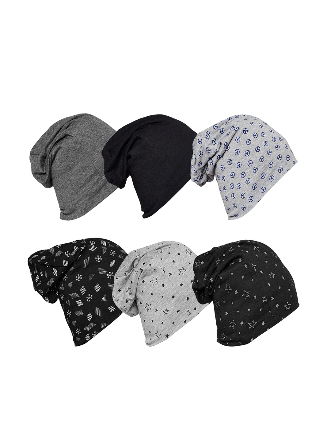 

MACK JONNEY Unisex Pack of 6 Grey & Blue Printed Beanie Caps