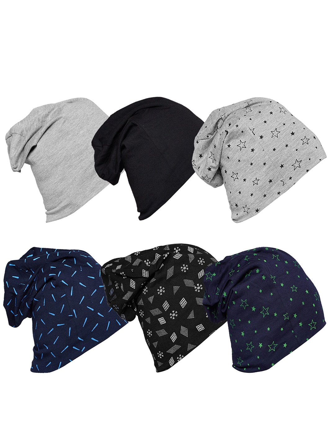 

VIMAL JONNEY Unisex Pack of 6 Black & Blue Printed Cotton Beanie Caps