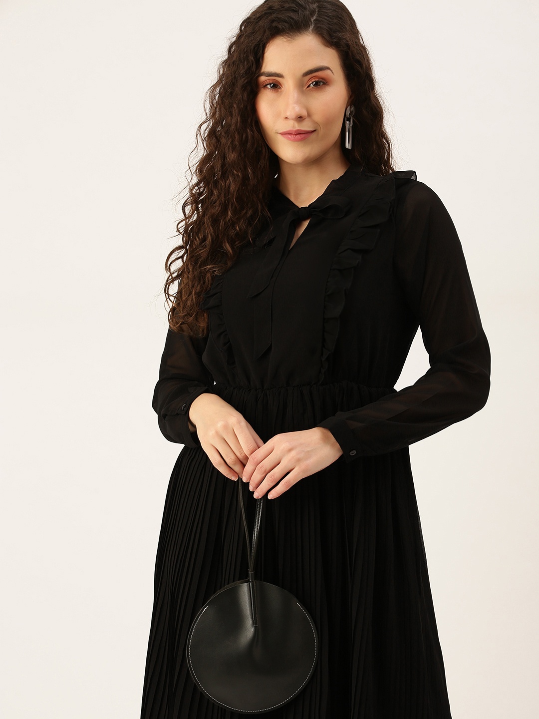 

Flying Machine Black Tie-Up Neck Cuffed Sleeves Accordian Pleats Ruffles Fit & Flare Dress