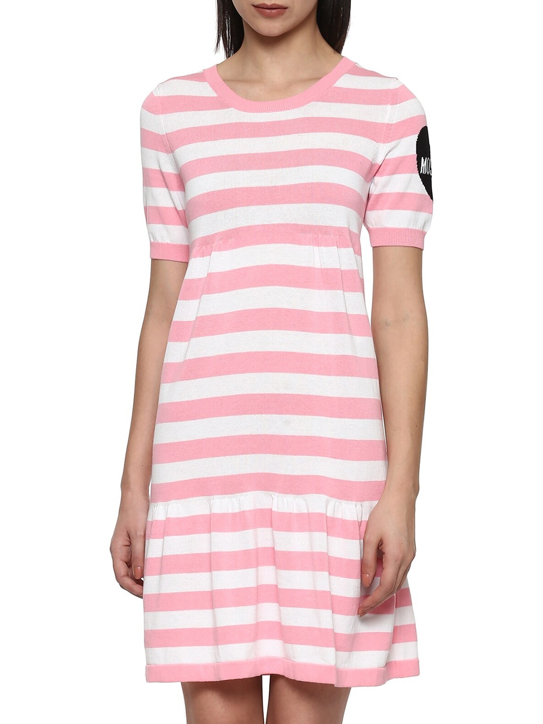 

LOVE MOSCHINO Pink & White Striped Round T-shirt Dress