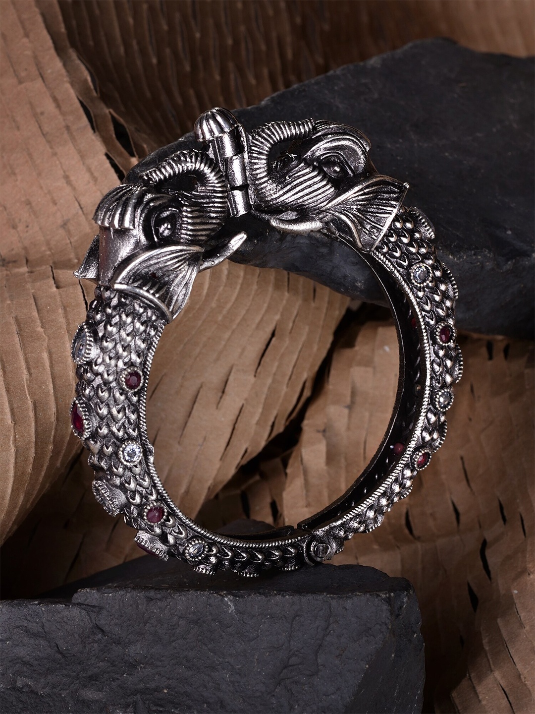 

Saraf RS Jewellery Women Silver-Toned Brass Antique Elephant Motif Bangle-Style Bracelet