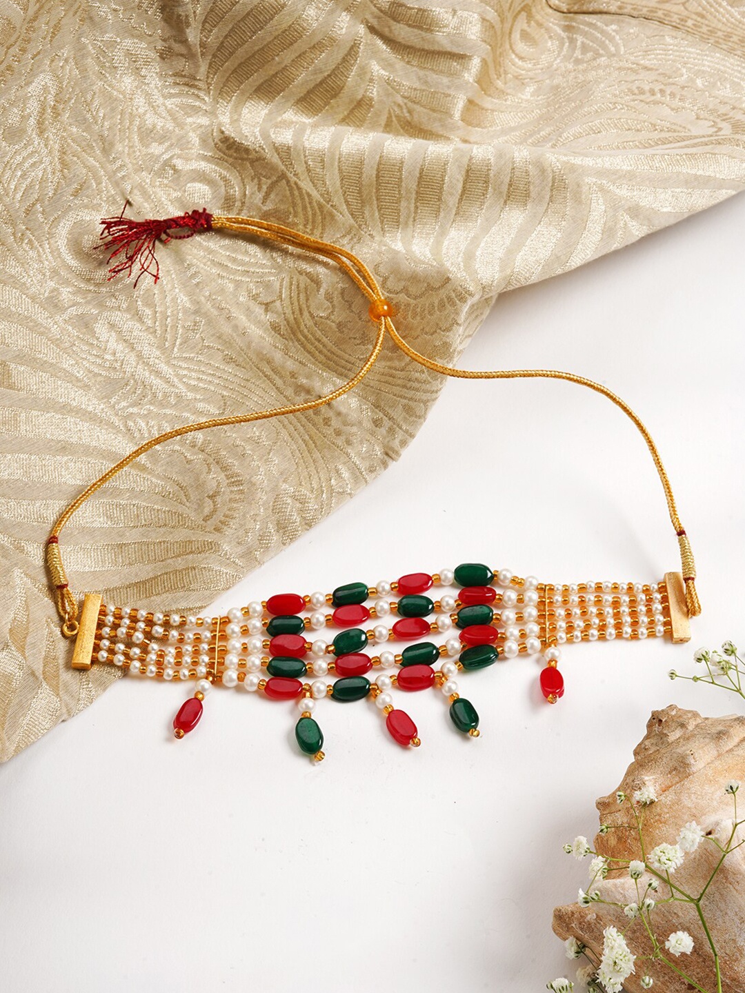 

TEEJH Women Gold-Toned & Red Beaded Choker Necklace
