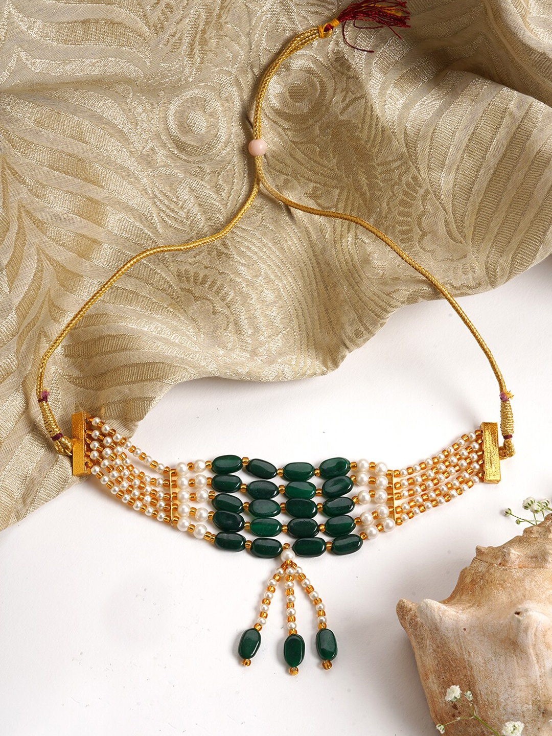 

TEEJH Gold-Toned & Green & Gold-Plated Artificial Beads Studded Choker Necklace