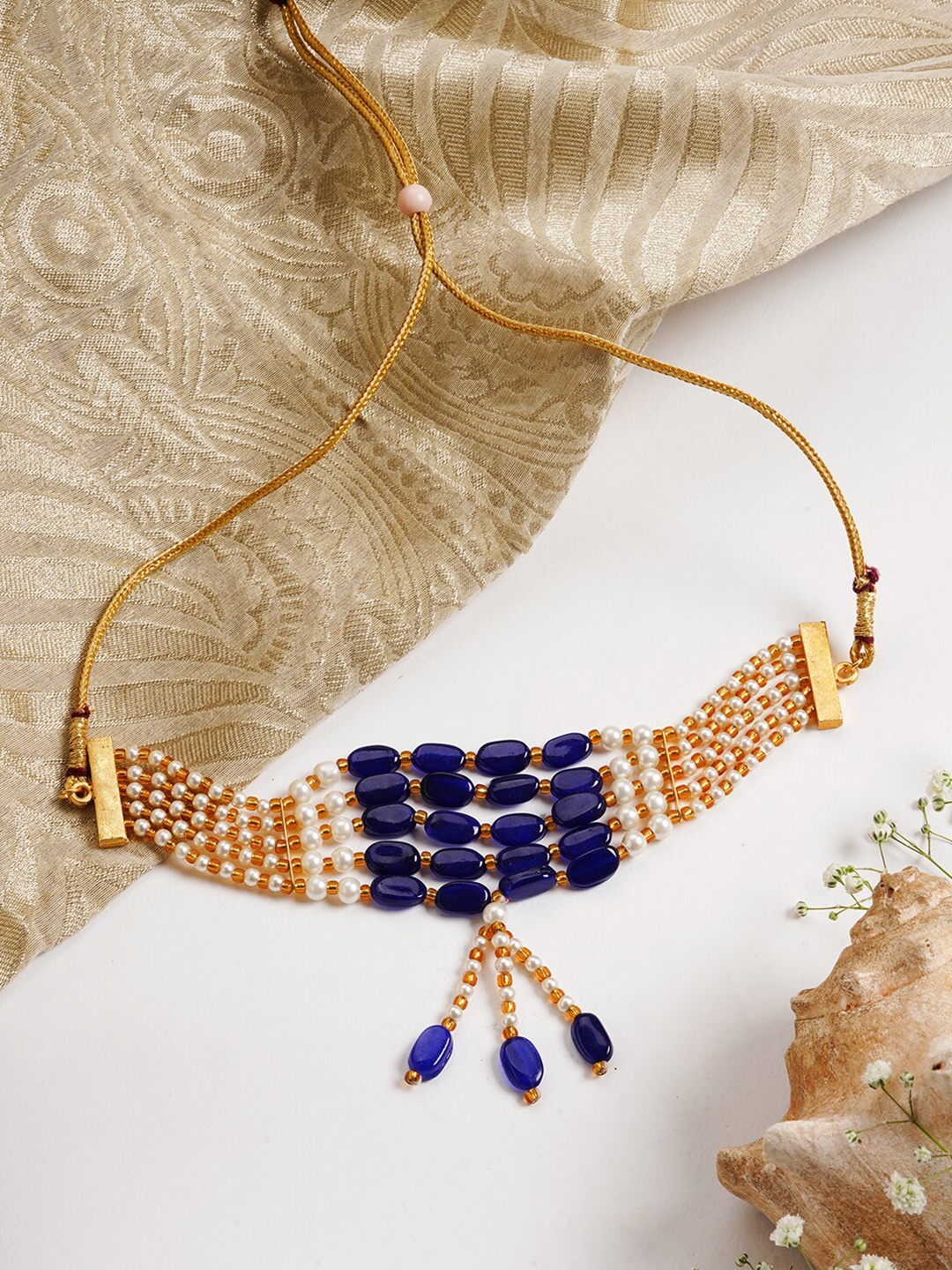 

TEEJH Gold-Toned & Blue Brass Gold-Plated & Beaded Choker Necklace