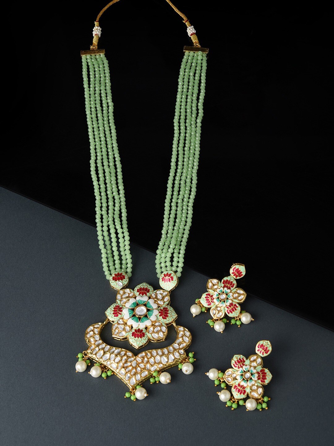 

Zaveri Pearls Green Meenakari Multistrand Crystal Necklace & Earring Set-ZPFK11540
