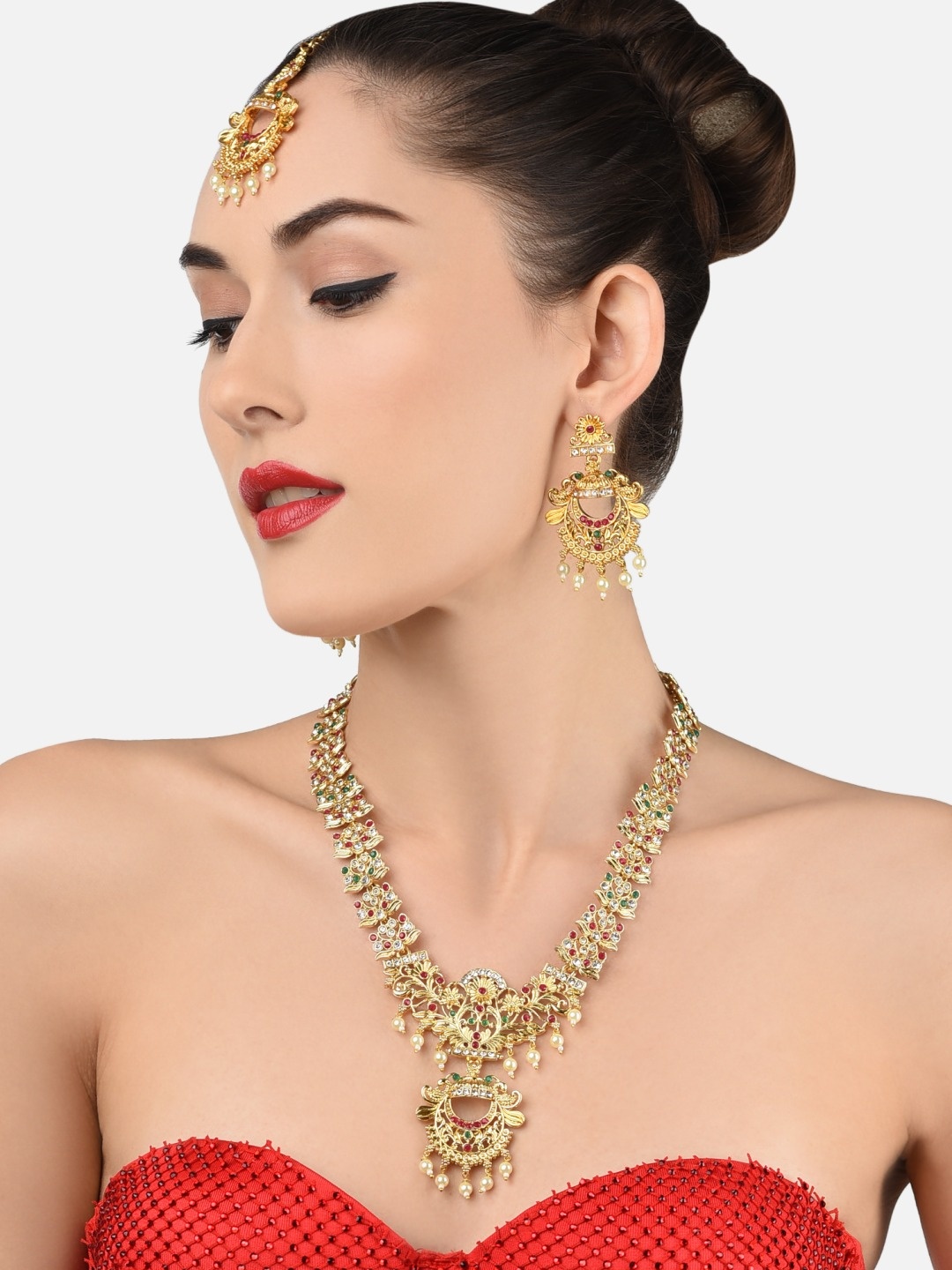 

Zaveri Pearls Gold-Plated Green & Pink Stone Studded & Pearls Beaded Jewellery Set