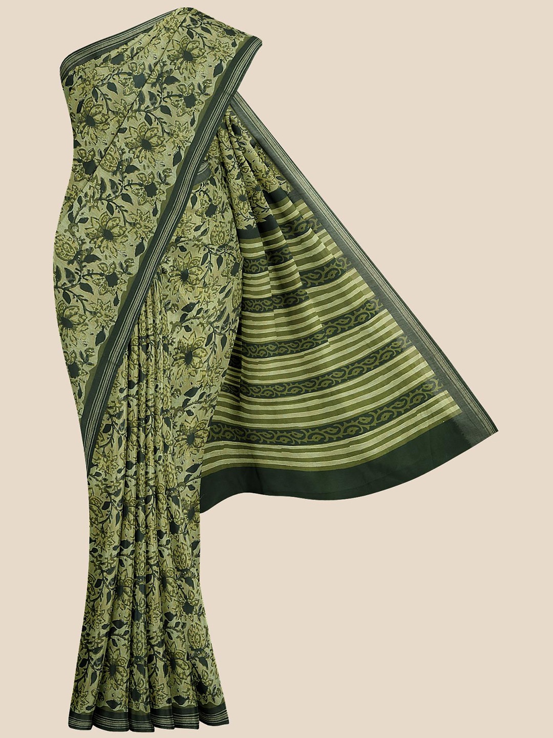 

KLM Fashion Mall Cream-Coloured & Green Floral Zari Linen Blend Saree