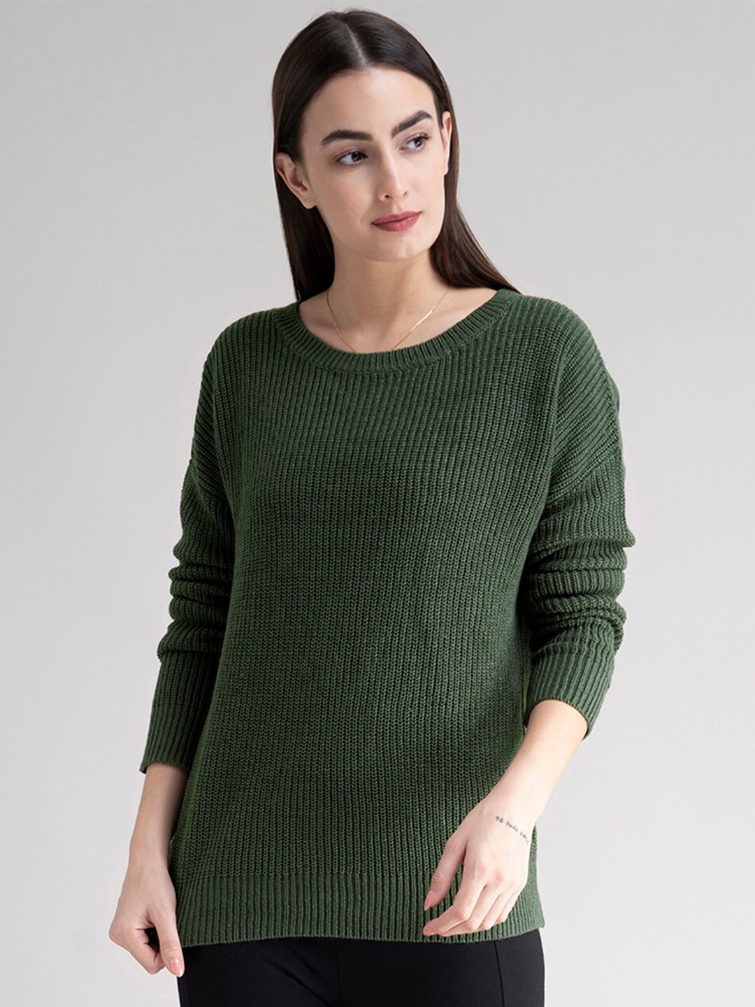 

FableStreet Women Olive Green Ribbed Pullover