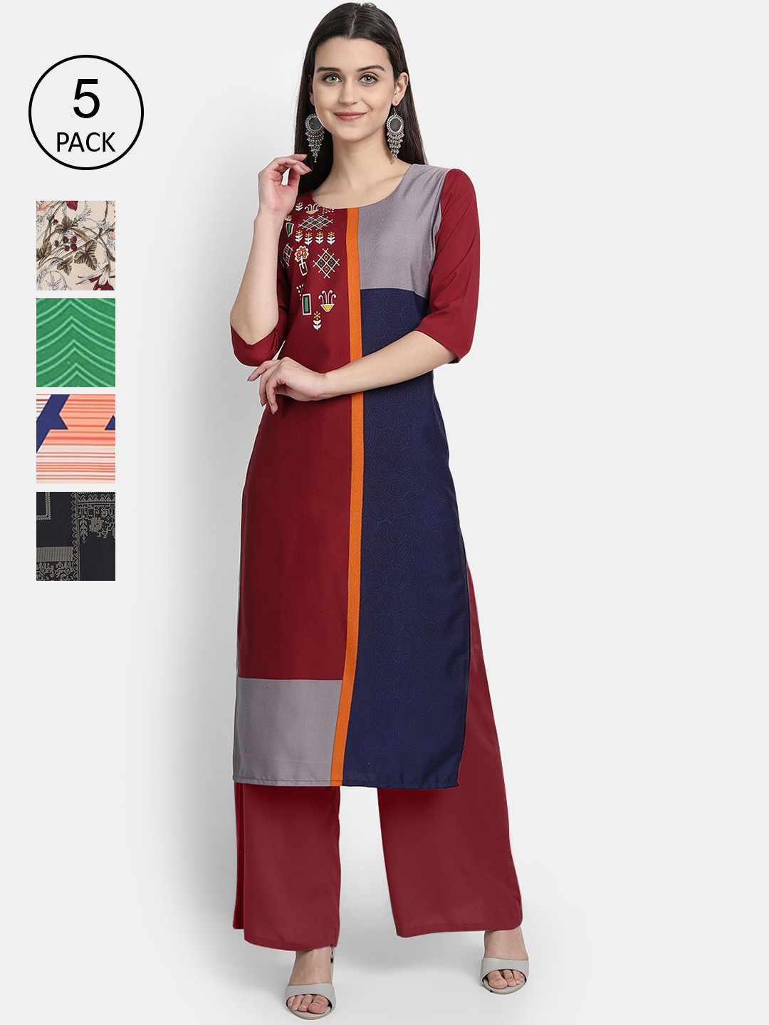 

7Threads Women Set of 5 Multi Printed Thread Work Crepe Kurta
