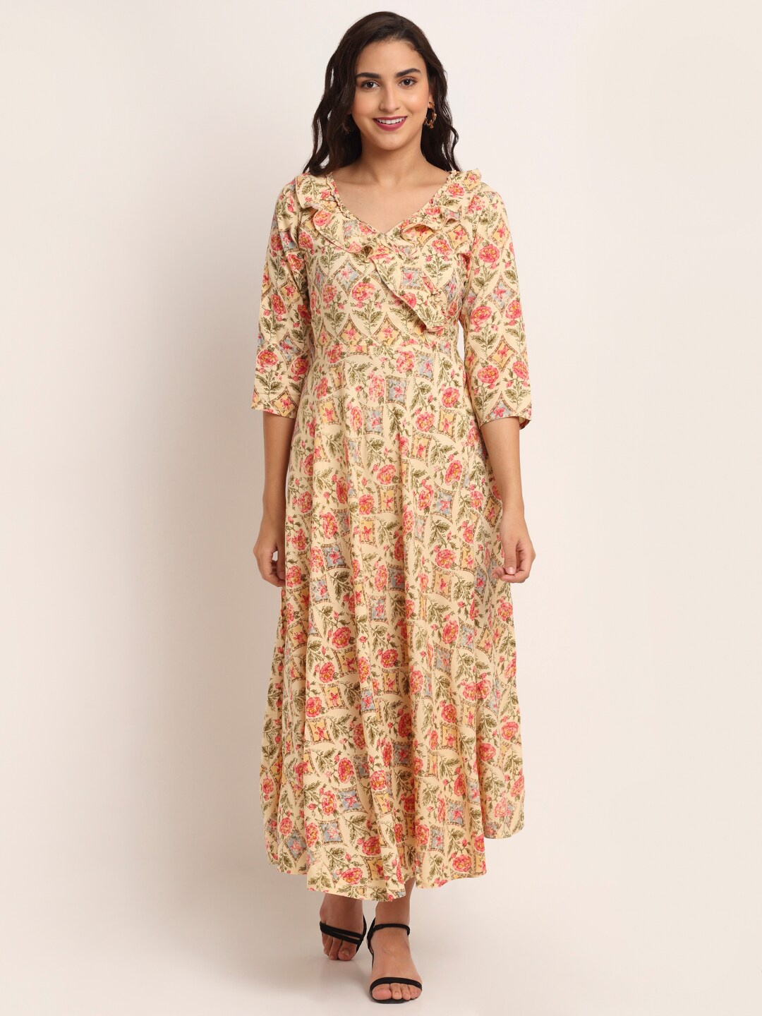

Aawari Cream-Coloured Rose Printed Angrakha Maxi Dress