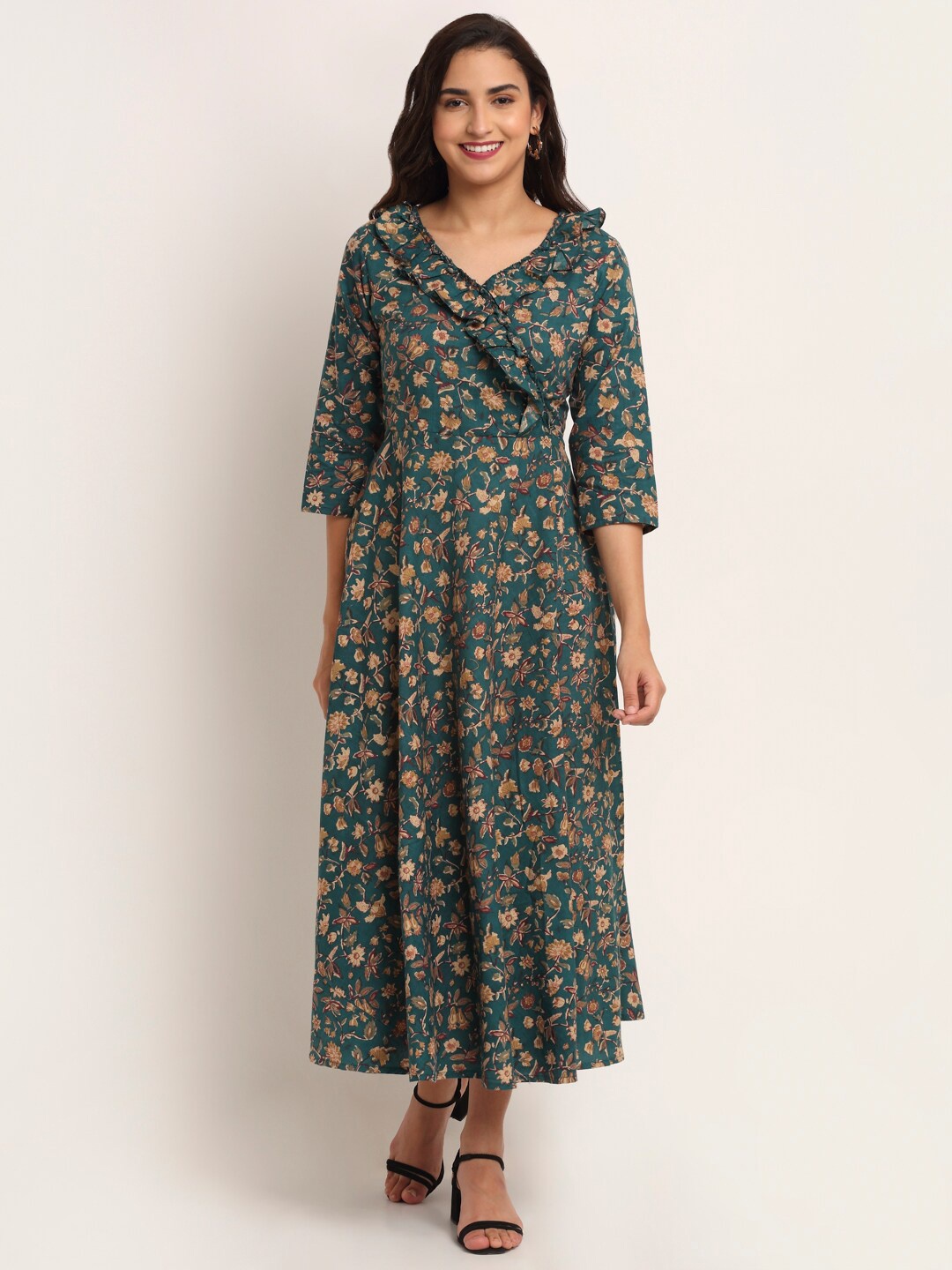 

Aawari Green Floral Angrakha Style Maxi Dress