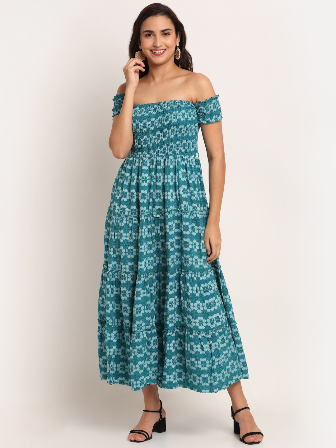 

Aawari Blue Floral Printed Smoked Off-Shoulder Midi Dress