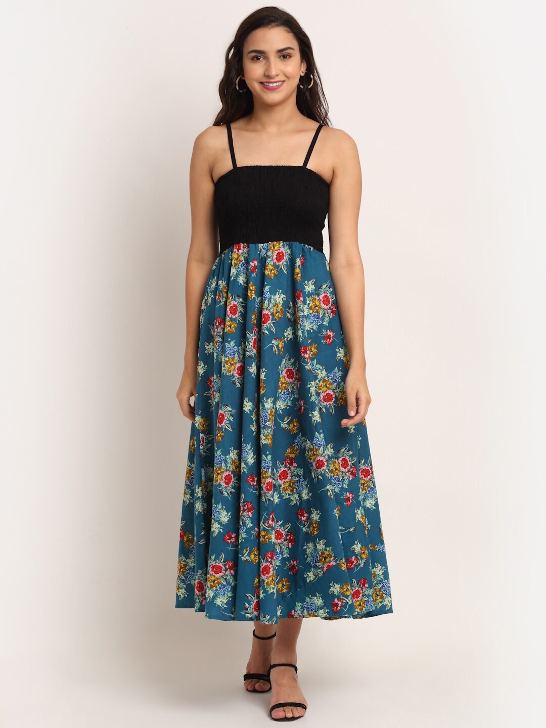 

Aawari Blue & Black Floral Printed Smocked Midi Fit & Flare Dress