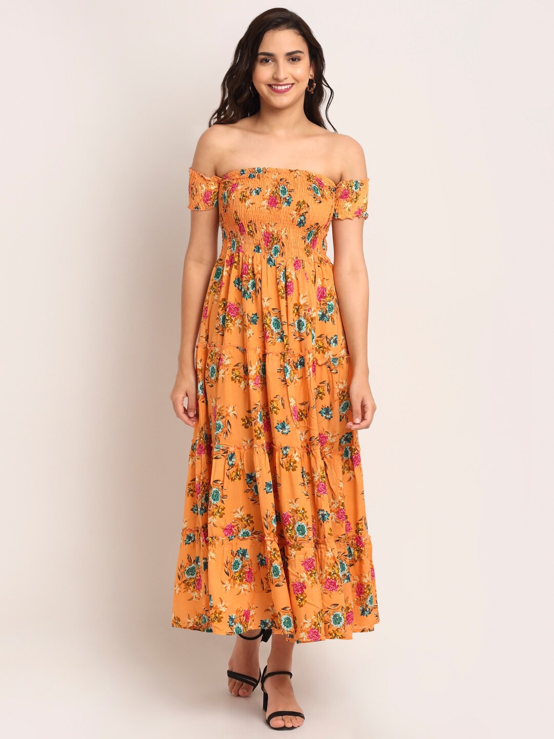 

Aawari Orange Floral Off-Shoulder Smocked Maxi Dress