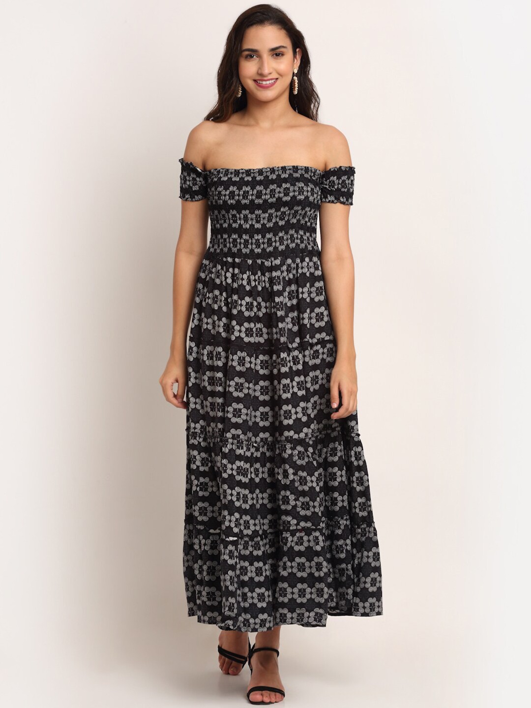 

Aawari Black & Grey Floral Off-Shoulder Maxi Dress