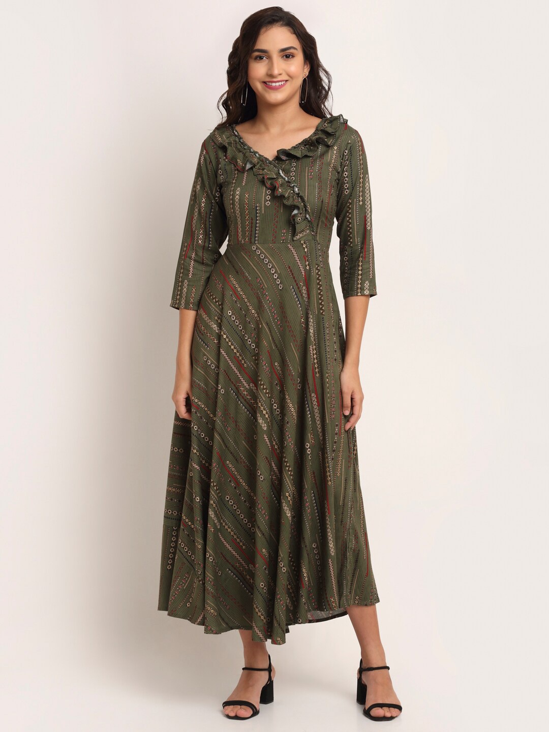 

Aawari Olive Green Maxi Foil Printed Angrakha Style Dress