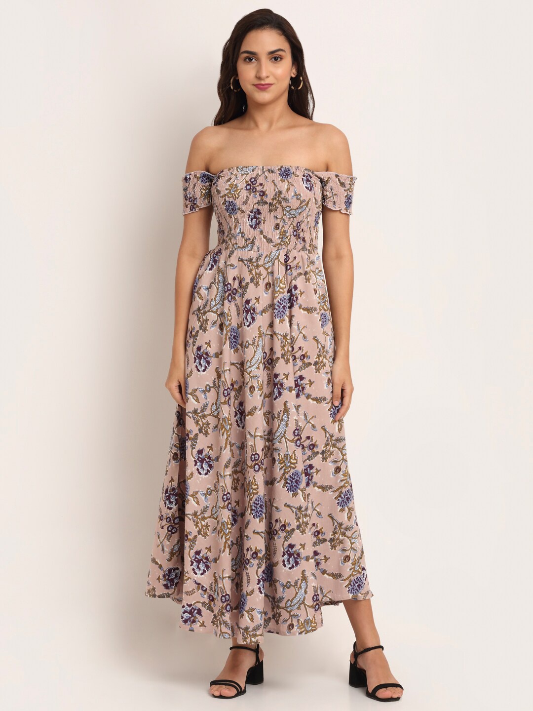 

Aawari Mauve & Purple Floral Printed Off-Shoulder Smocked Maxi Dress