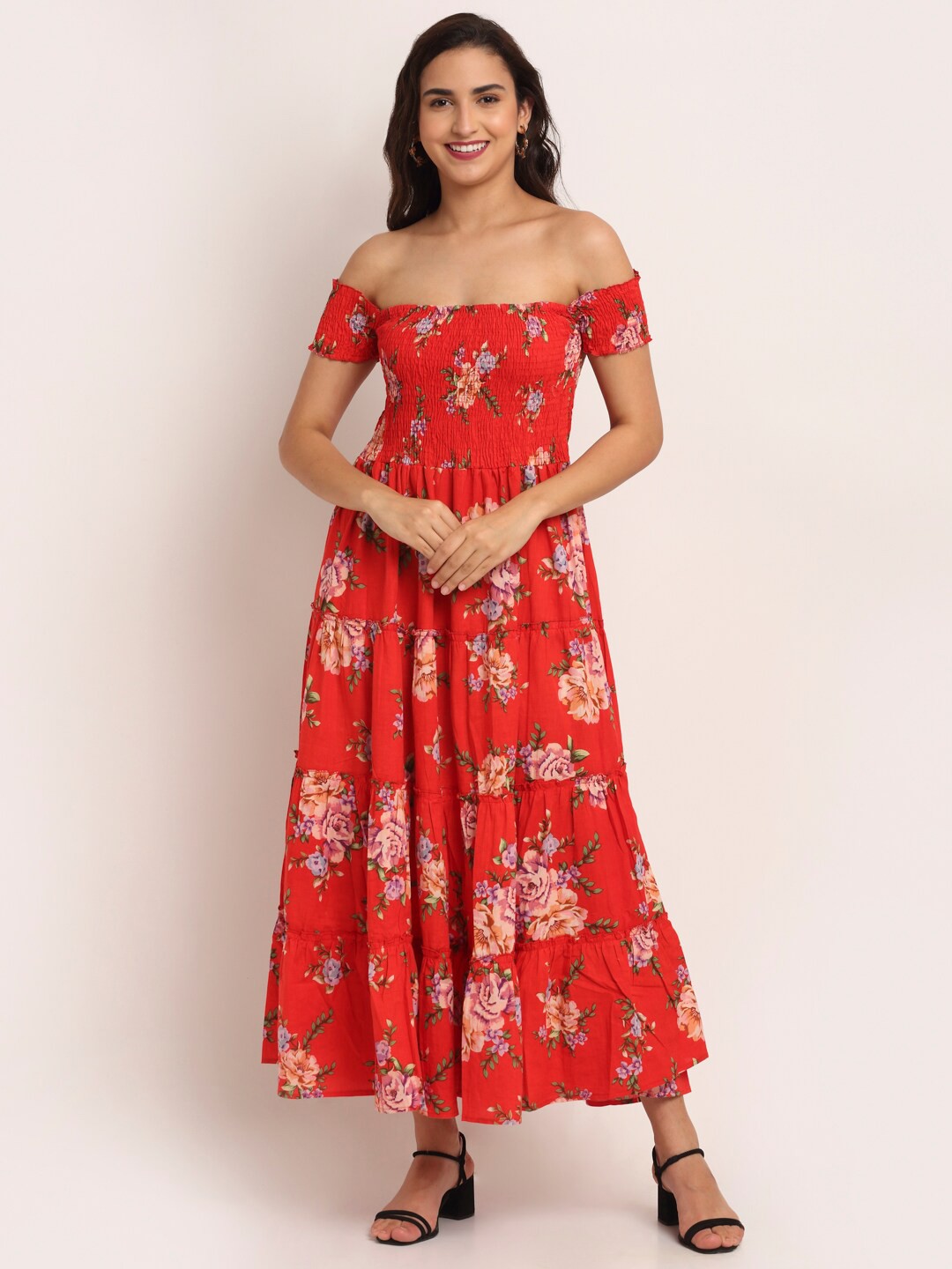 

Aawari Women Red Floral Off-Shoulder Maxi Dress