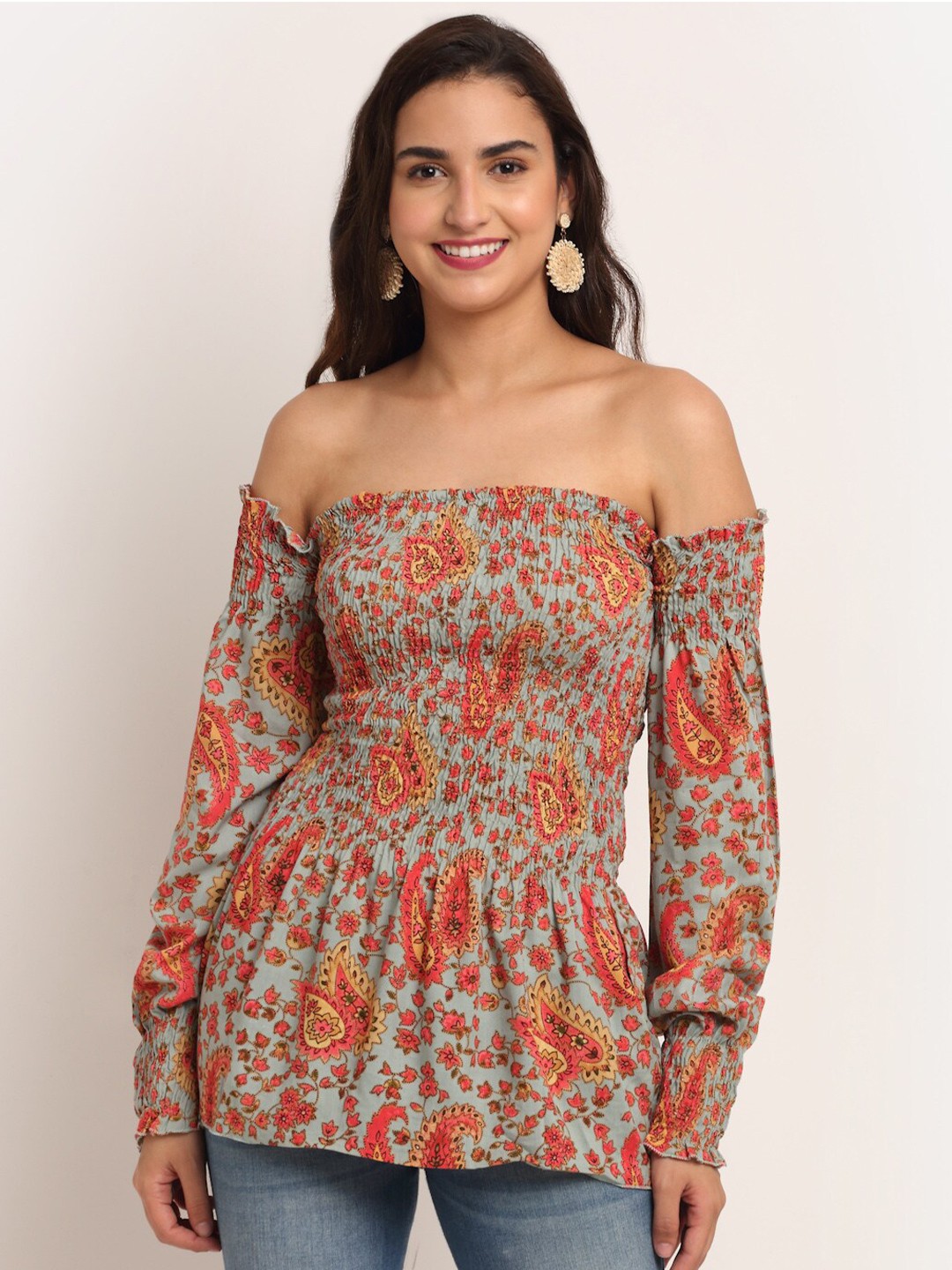 

Aawari Turquoise Blue & Pink Floral Print Off-Shoulder Bardot Top