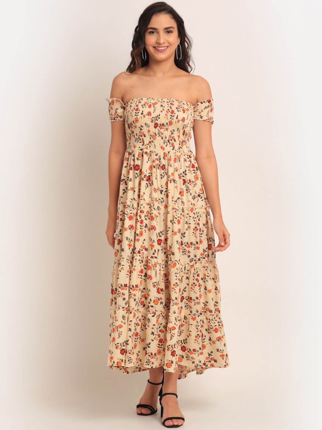 

Aawari Cream-Coloured Floral Off-Shoulder Maxi Dress