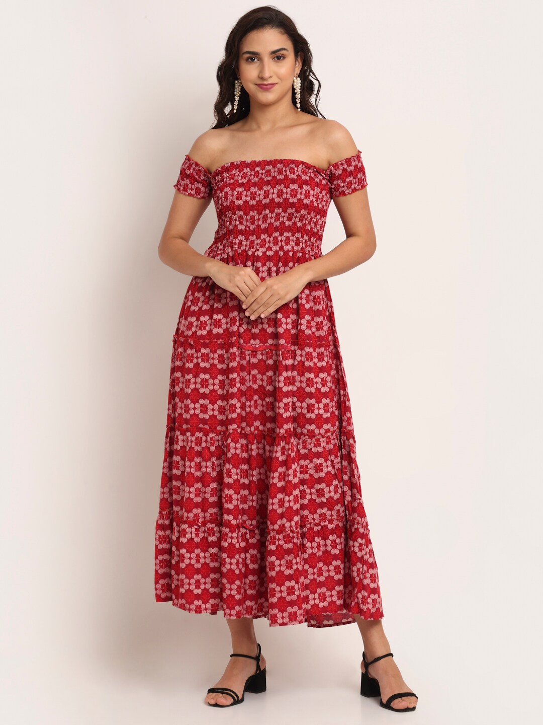 

Aawari Red Floral Off-Shoulder Midi Dress