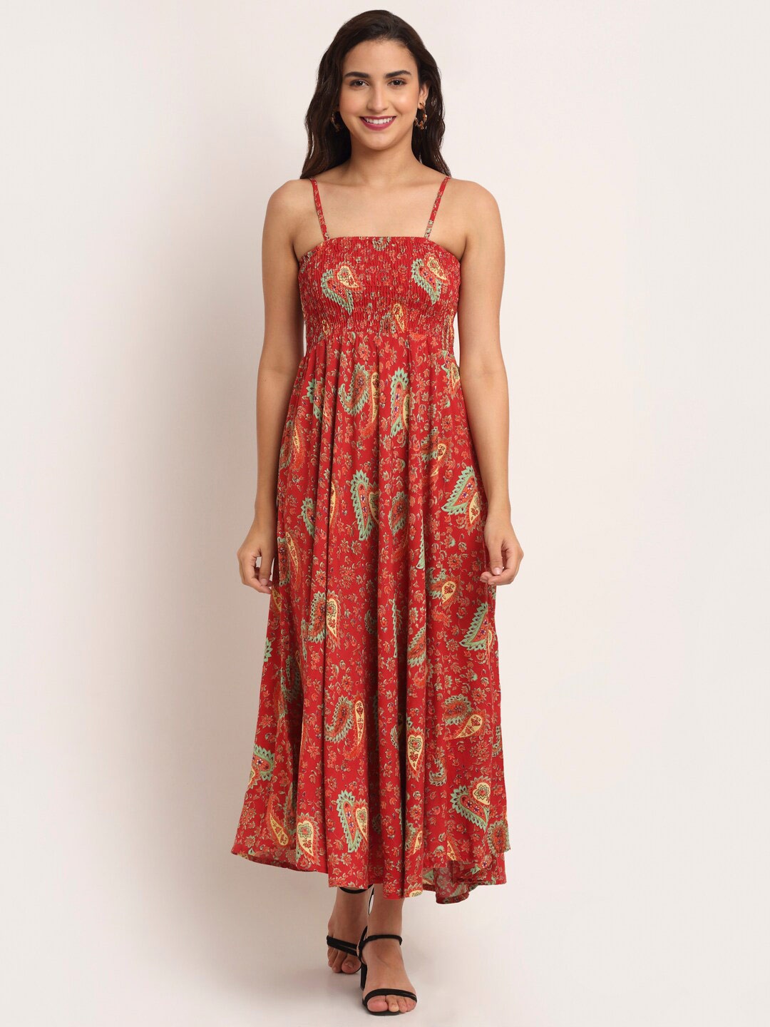 

Aawari Red & Sea Green Ethnic Motifs Printed Smocked Maxi Dress