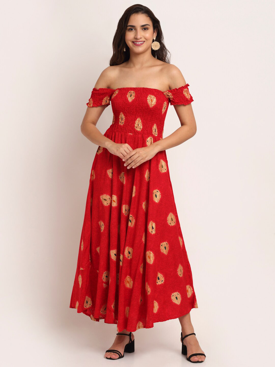 

Aawari Red Ethnic Motifs Off-Shoulder Maxi Dress