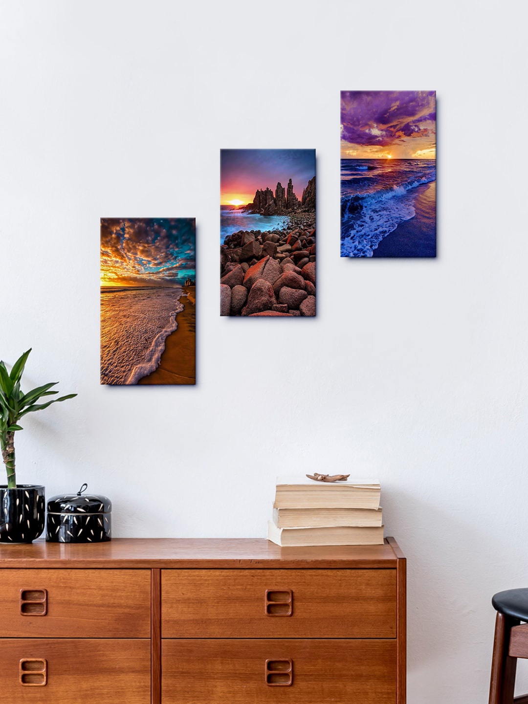 

999Store Set Of 3 Multicolored Sunset Wall Paintings, Multi