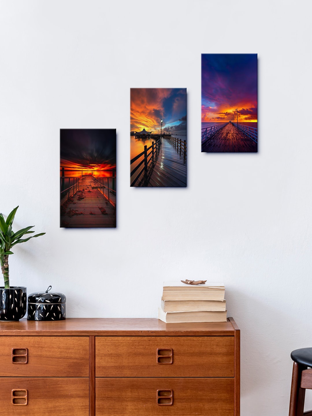 

999Store Set Of 3 Beautiful Sunset Beach Wooden Bridge Framed Wall Arts, Brown
