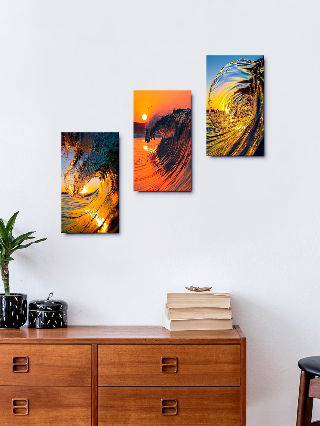 

999Store Set Of 3 Brown Sunset Over Sea Waves Wall Painting